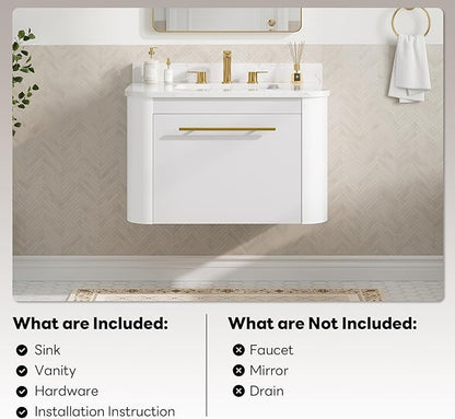 LIKIMIO 30" Bathroom Vanity with Sink, Floating Bathroom Vanity with 1 Drawer, Engineered Stone Countertop with Undermount Ceramic Sink, Wall Mounted Bathroom Vanity, Gold Handle, Easy Assembly, White