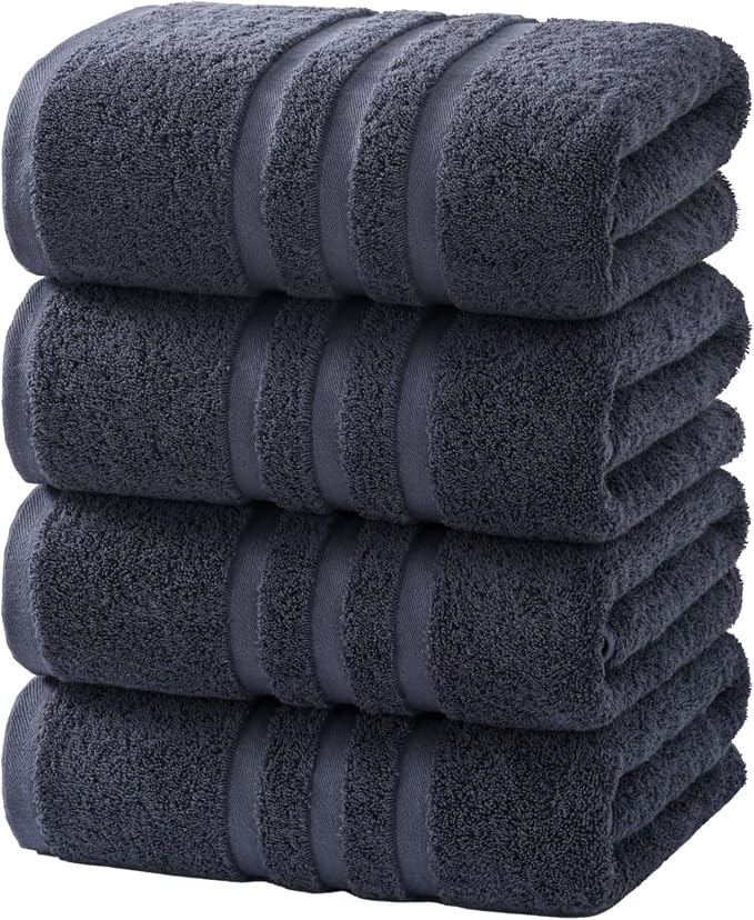 Velqora Bath Towels, 4 Pack, 30 x 60 in, 100% Cotton, Soft, Gray | Balanced Weight | Everyday Comfort | Easy Care