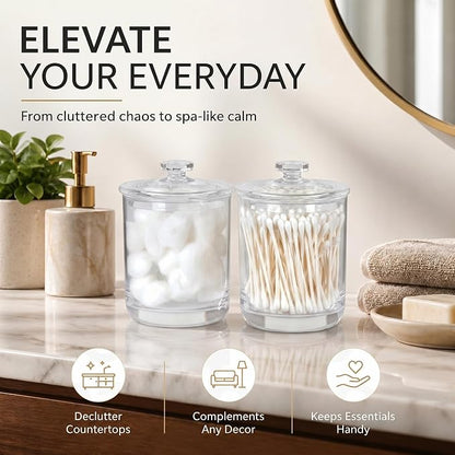 ForPro Clear Acrylic Apothecary Jars with Lids, Set of 2 Shatterproof Qtip Holder & Cotton Ball Container, 15 Oz Bathroom Vanity Organizer Canister for Kitchen & Office Decor, 4.5" x 3.5"