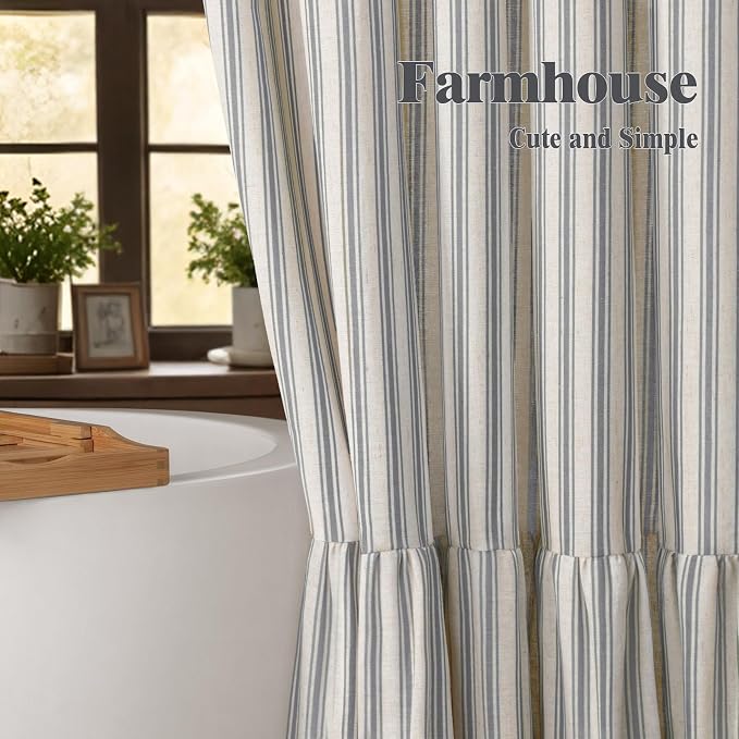 Farmhouse Shower Curtain Ruffle Linen Cream-Grey Stripe 72"W x 84"L | Farmhouse Boho, Striped, Bottom Ruffle, Linen Fabric, Rustic, Country, Natural Look, Washable, for Bathroom Bathtub