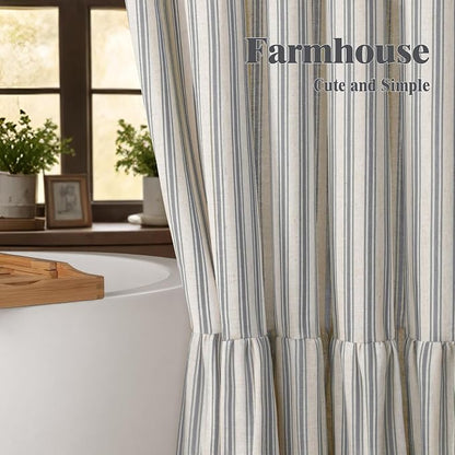 Farmhouse Shower Curtain Ruffle Linen Cream-Grey Stripe 72"W x 78"L | Farmhouse Boho, Striped, Bottom Ruffle, Linen Fabric, Rustic, Country, Natural Look, Washable, for Bathroom Bathtub