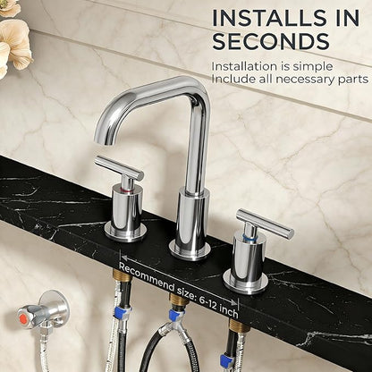 FORIOUS Bathroom Sink Faucet Chrome, 3 Hole Widespread Bathroom Faucets for Vanity Restroom RV Lavatory,with Pop Up Drain and Hoses