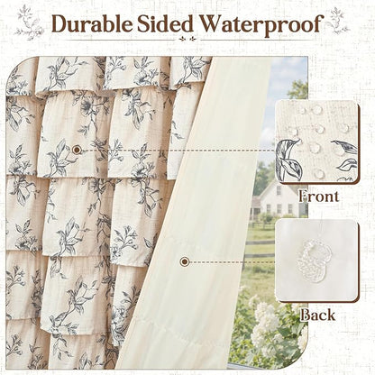 Yinhua Extra Long Farmhouse Ruffle Shower Curtains for Bathroom, 72" Wx90 L | Black Floral Print, Ruflle Design, 12 Metal Hooks, Vintage Rustic Washable Waterproof Shower Curtain for Bathroom Bathtub