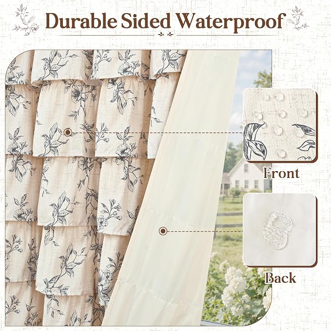 Yinhua Long Farmhouse Ruffle Shower Curtains for Bathroom, 72" Wx78 L | Black Floral Print, Ruflle Design, 12 Metal Hooks, Vintage Rustic Washable Waterproof Shower Curtain for Bathroom Bathtub