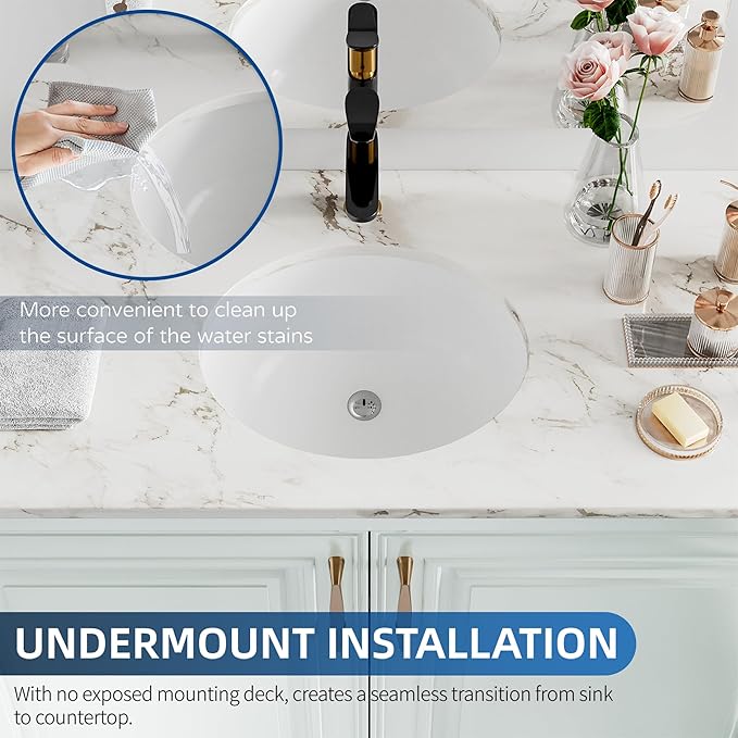 Undermount Bathroom Sink Oval, Hugsleek Interior Bowl Size 16 x 13 inch White Porcelain Ceramic Vessel Sink Under Counter Oval Exterior size 18x15in Bath Sink Bowl Basin Lavatory Vanity Fireclay