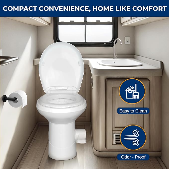 SereneLife RV Gravity Flush Toilet with Foot Pedal and Hand Sprayer | T-Type Full-Bowl Flush Coverage With Odor-Resistant Sealing For RVs, Boats, Campers, Trailers And Marine Bathrooms
