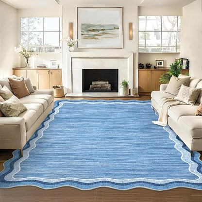 Garvee Scalloped Rug 10x13 Washable Area Rug for Living Room Blue | Rugs for Living Room, Non-Slip Soft Carpet for Bedroom, Scalloped Low-Pile Solid Rug Accent Rug for Dining Room Home Office
