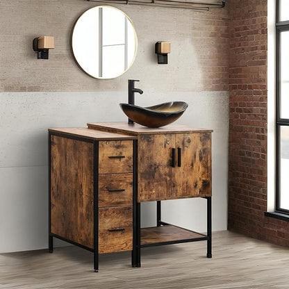 UEV 36" Rustic Brown Bathroom Vanity with Sink Combo,Industrial Iron Frame Bathroom Cabinet Sets with 3 Drawers Side Cabinet,Modern Champagne Boat Tempered Glass Vessel Sink(029CH)
