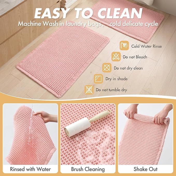 MIULEE Set of 2 Waffle Bathroom Rugs Boho Bath Mat Pink 18x30 Inch | Non Slip, Super Absorbent, Washable, Ultra Soft, Rubber Backed Bath Rugs for Bathroom Floor Tub Shower