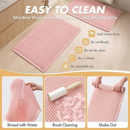 MIULEE Set of 2 Waffle Bathroom Rugs Boho Bath Mat Pink 17x24 Inch | Non Slip, Super Absorbent, Washable, Ultra Soft, Rubber Backed, Small Bath Rugs for Bathroom Floor Tub Shower