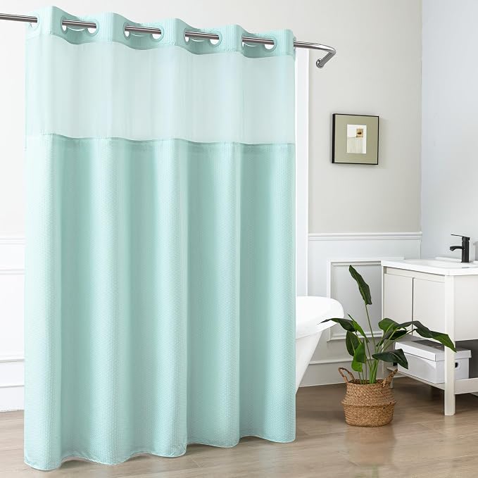 No Hook Shower Curtain with Snap-in Liner, Embossed Waffle Design Fabric Shower Curtain for Bathroom, Soft & Lightweight, 71x74, Sky Blue