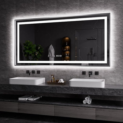 LED Bathroom Mirror 72"X36", Front Light and Backlit(Brushed Silver) | Metal Framed Mirror, Stepless Dimmable, Anti-Fog, HD Reflection, Shatter-Proof, Memory, 3 Colors Lighting, UL Listed.