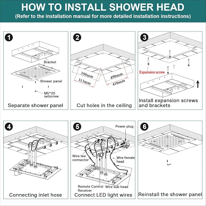 HOMEDEC LED Thermostatic Shower System with 6 Body Jets, 14x20" Shower Head | 3 Spray Modes: Rainfall, Mist and Waterfall; Up/Down Shower Spout; Handheld Shower; 6-Way Solid Brass Valve; Gold Finish