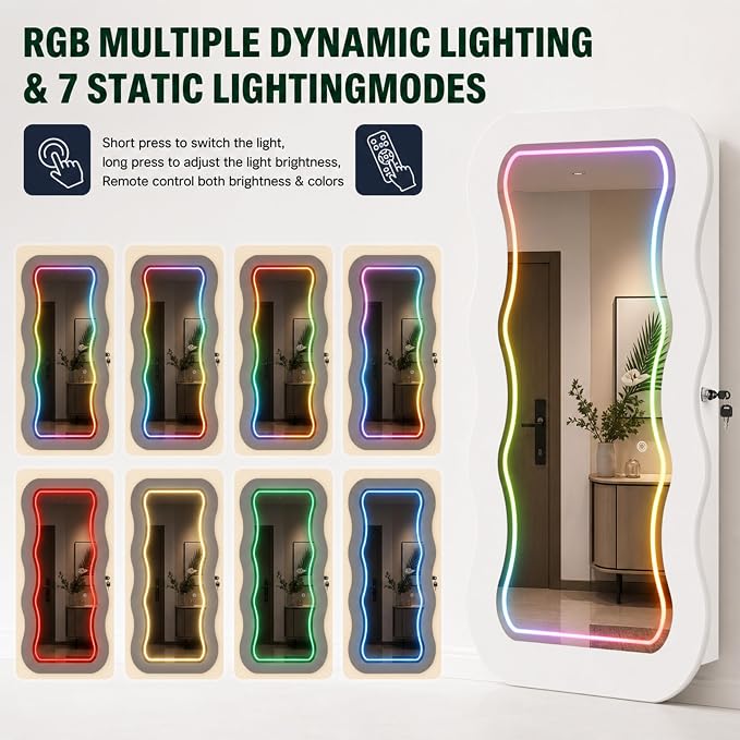 Fiqevs RGB Mirror Jewelry Cabinet, Remote Control LED Wavy Wall Door Mirror | Hanging Mirror with Storage, Full-Length, Lockable, Jewelry Organizer with Lighted Mirror, White Jewelry Armoire
