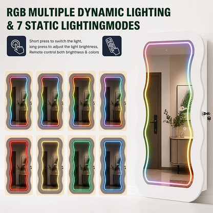 Fiqevs RGB Mirror Jewelry Cabinet, Remote Control LED Wavy Wall Door Mirror | Hanging Mirror with Storage, Full-Length, Lockable, Jewelry Organizer with Lighted Mirror, White Jewelry Armoire