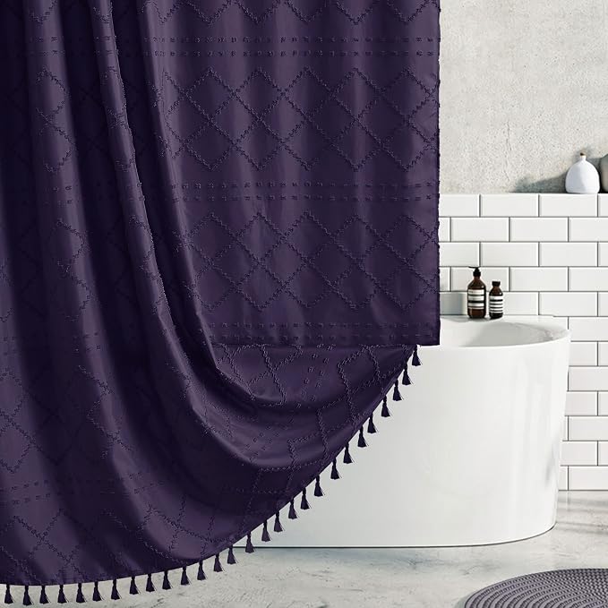 Siiluminisoy 78inch Long Dark Purple Shower Curtain Boho Shower Curtain Woven Fabric Tufted Chevron Textured Striped Modern Farmhouse Minimalist Cloth Shower Curtains for Bathroom, 72" x 78"