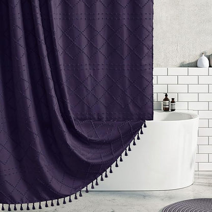 Boho Shower Curtain Dark Purple Woven Fabric Cute Shower Curtain, Tufted Chevron Textured Striped 72" x 72" Modern Farmhouse Minimalist Cloth Shower Curtains for Bathroom