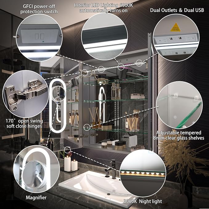 Neftis 30x36 Medicine Cabinet with Lights & Magnifier & Mirrors, GFCI Outlet, Soft-Closed Hinges, Front&Backlit, Anti-Fog, Dimmable&Tunable, Sensor Lights, Recessed/Surface, Adjustable Shelves