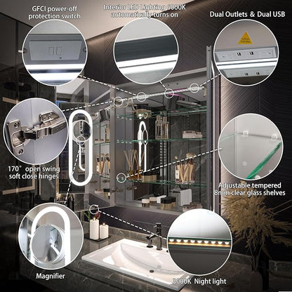Recessed Medicine Cabinet with Lights, 30x36 Lighted Medicine Cabinet with Mirror, 5XMagnifier, GFCI Outlet, Soft-closed, Front&Backlit, Anti-Fog, Dimmable&Tunable, Sensor Lights, Adjustable Shelves