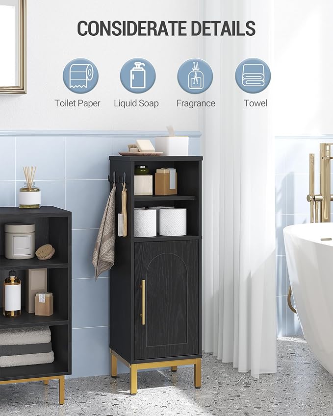 Bathroom Storage Cabinet, Corner Floor Cabinet with Door & Shelves, 2Hooks, Small Narrow Storage Organizer, Toilet Paper Cabinets for Small Space, Black SC06304GV1