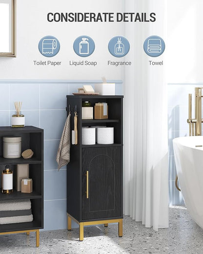 Bathroom Storage Cabinet, Corner Floor Cabinet with Door & Shelves, 2Hooks, Small Narrow Storage Organizer, Toilet Paper Cabinets for Small Space, Black SC06304GV1
