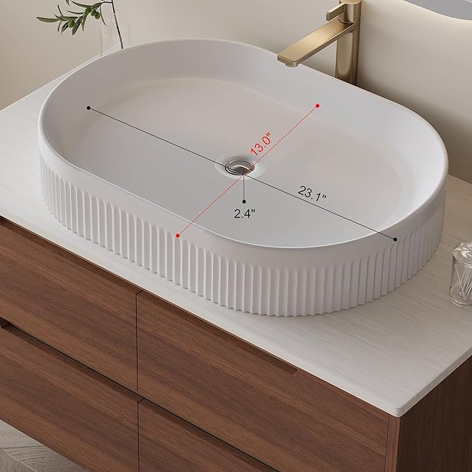 36 inch Bathroom Vanity with Sink and Countertop, Modern Freestanding Bathroom Vanity Cabinet with Oval Ceramic Vessel Sink, 4 Soft Closing Drawers, Adjustable Metal Legs, 2-in-1 Installation, Walnut