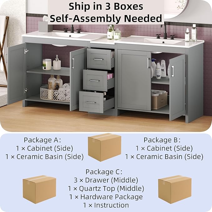 Merax 84 Inch Double Sink Bathroom Vanity with Quartz Countertop & Ceramic Basins, Bathroom Sink Vanity with Large Storage, Adjustable Shelves, 3 Drawers, Soft Close Hinges, Silver Handles, Grey
