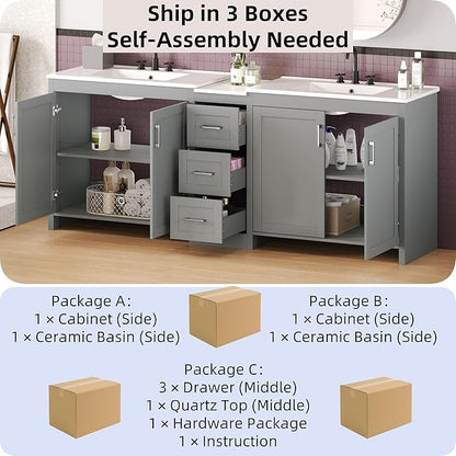 Merax 84 Inch Double Sink Bathroom Vanity with Quartz Countertop & Ceramic Basins, Bathroom Sink Vanity with Large Storage, Adjustable Shelves, 3 Drawers, Soft Close Hinges, Silver Handles, Grey
