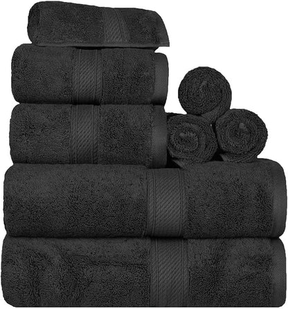 Superior Egyptian Cotton Ultra Plush & Absorbent, 8 Piece Set, Black | Quick Dry, Soft Luxury Towel Set, Bath Essentials, Guest Bath, Spa, 2 Bath, 2 Hand, 4 Face Towels, Madeline Towels