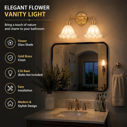 2 Light Gold Brass Bathroom Light Fixture,Brush Gold Vanity Lighting Over Mirror,Cute White Glass Flower Lampshade,Wall Sconces,E26 Socket(Bulbs Not Included)