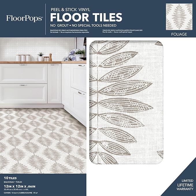 FloorPops FP3298 Foliage Peel & Stick Floor Tiles, Neutral