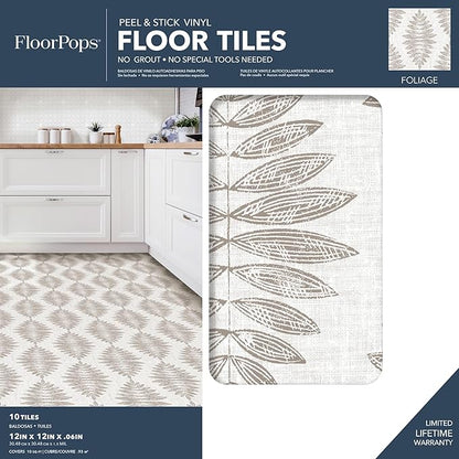 FloorPops FP3298 Foliage Peel & Stick Floor Tiles, Neutral