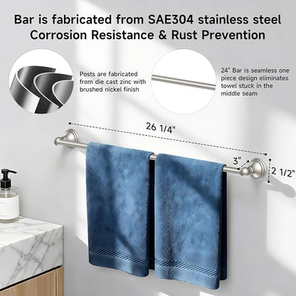 Formosa Design Hardware Classic 4-Piece Bathroom Accessories Set, 24-inch Towel Bar, Toilet Paper Holder, Towel Ring, and Robe Hook, Durable Zinc Alloy & Stainless Steel, (Brushed Nickel Finish)