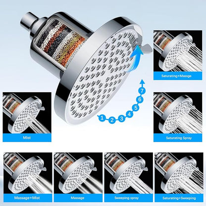Filtered Shower Head for Hard Water: High Pressure Rainfall Showerhead for Low Water Flow - 7 Spray Modes Anti-Clog Nozzles & Tool-Free Install for Bathroom