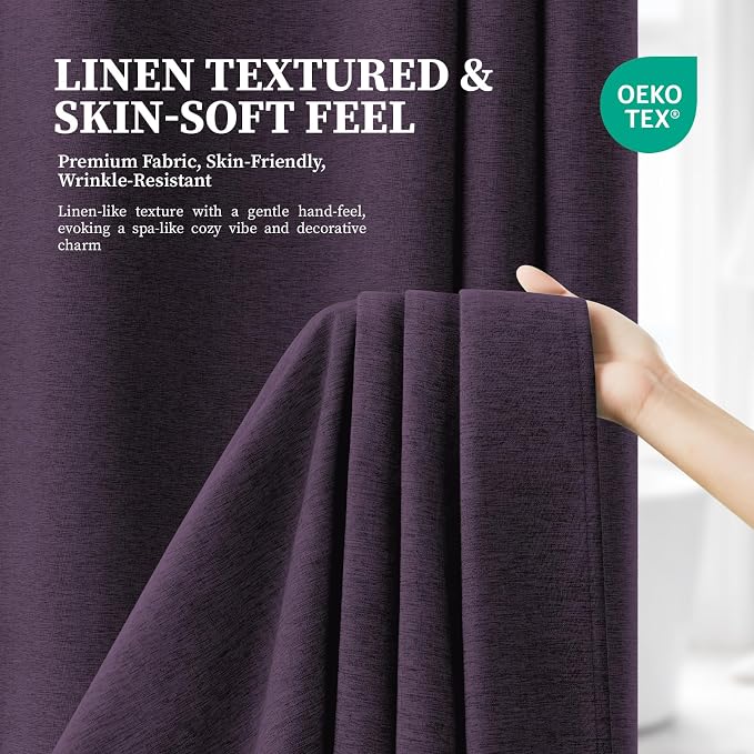 Purple Ringless Linen Textured Shower Curtain with Snap in Liner 72x75 | 3 in 1 Hotel Shower Curtain Set, Removable Liner, Waterproof & Washable, Mesh Top Window, Durable Fabric, Easy to Install