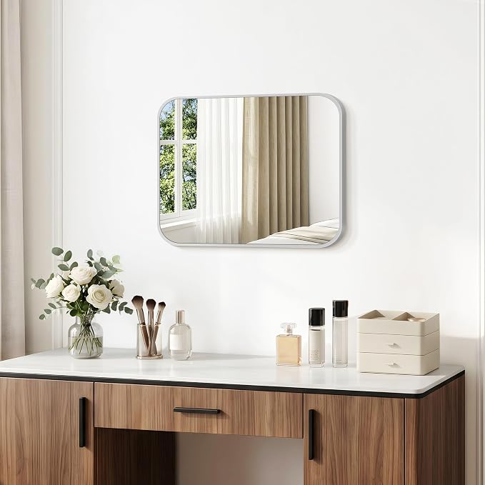 BONEWEI Silver Bathroom Mirror,18x24 inch Wall Mirror for Bathroom Wall Mounted,Rectangle Mirror for Bathroom Over Sink,Modern Frame Round Corner for Living Room,Bedroom Entryway,Horizontal/Vertical