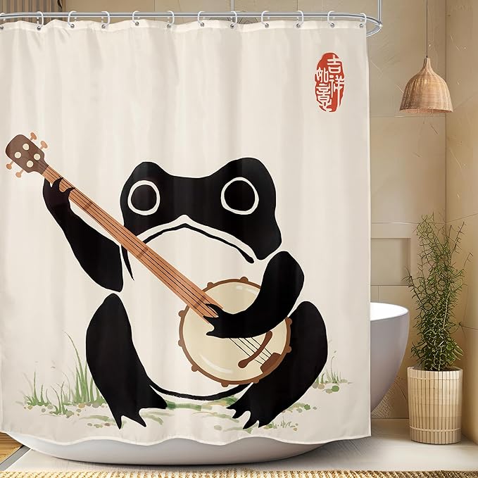 LGhtyro Funny Frog Shower Curtain Bathroom Set 60Wx71H Inches Japanese Asian Style Cute Animal Playing Banjo Vintage Traditional Art Retro Bath Accessories Beige Art Home Decor Fabric 12 Pack Hooks