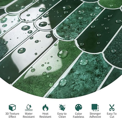 10-Sheet Upgraded Thicker Peel and Stick Kitchen Backsplash Tiles | Waterproof Self-Adhesive Vinyl Wall Tile Stick on Backsplash for Kitchen,Bathroom,Fireplace and RV(Forest Green,12"×12")