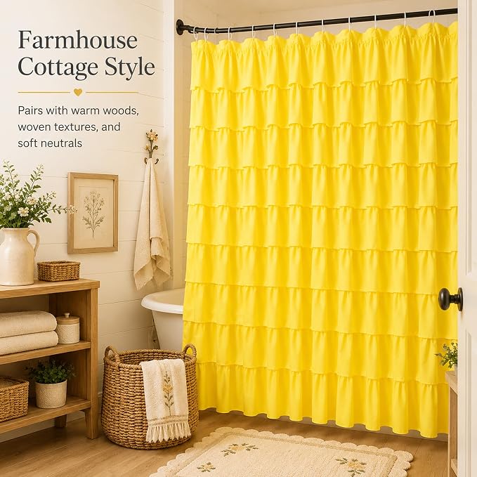 Yellow Shower Curtain for Bathroom, 72 X 72 Inch, Cascading Ruffle Design | Cottagecore & Farmhouse Crossover Style, 72x72, Hooks Included, Machine Washable, Ruffles Hold Their Shape, 12 Buttonholes