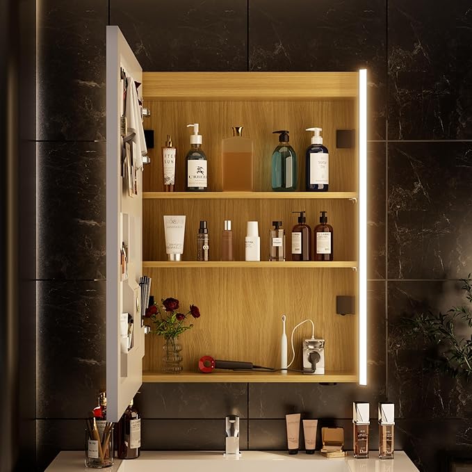 28x20 LED Lighted Bathroom Medicine Mirror Cabinet with Sockets & USBs, Anti-Fog Dimmable Light and Color Adjustment, Easy to Install, Moisture-Resistant Wood, Oak