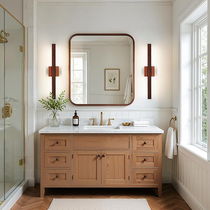 Bathroom Vanity Light 24 Inch Brown Wood Finish Bathroom Light Fixture Over Mirror with Up & Down Lighting 20W Dimmable 5CCT LED Vanity Lighting Fixture Bar for Restroom Bedroom