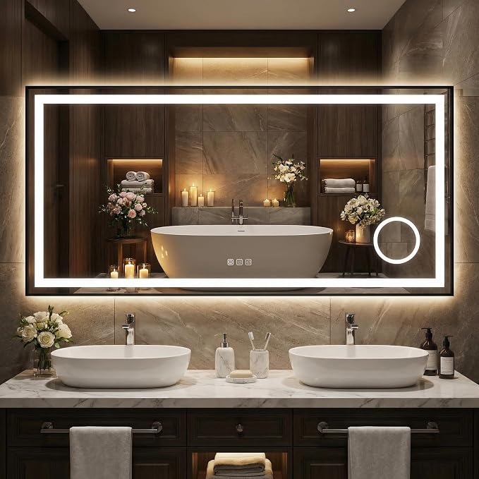 LED Bathroom Mirror 60 x 24 inch with 3X Mirror, Lighted Bathroom Vanity Mirror with Front and Backlit LED Lights, Frameless Wall Mounted Mirror with Adjustable Color Temperature