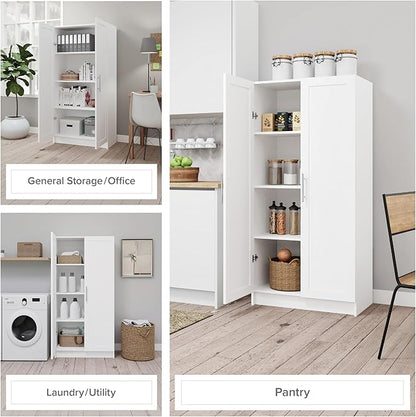 Prepac Elite 65" Tall Storage Cabinet with Panel Doors, Double Door Wood Kitchen Pantry, Dining Room Cupboard with 2 Adjustable and 1 Fixed Shelf, Free Standing Living Room Accent Cabinet, White