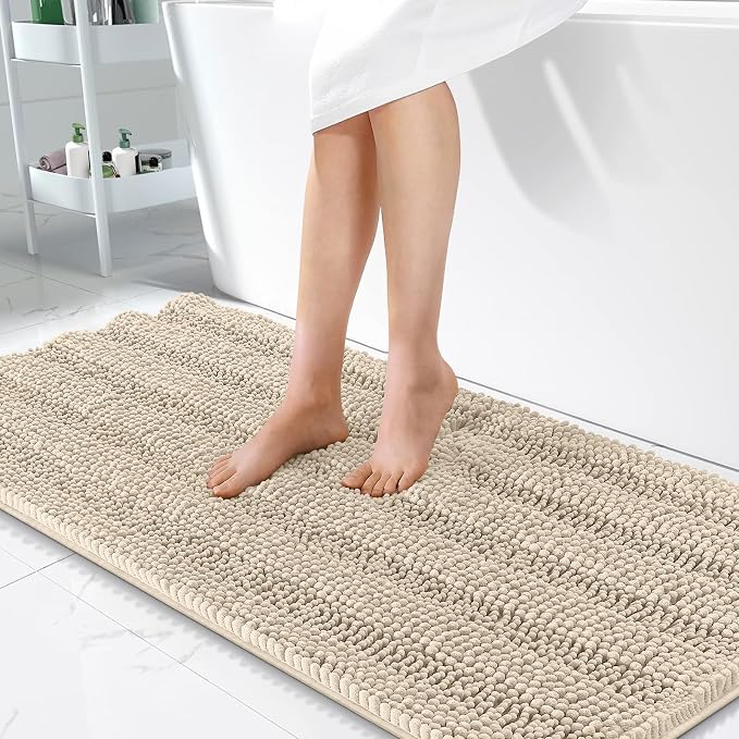 OLANLY Thick Bathroom Runner Rugs 47x24, Soft Chenille Long Bath Rugs, Sand | Absorbent Striped, Rubber Backing, Machine Wash, Bath Mats for Bathroom Floor, Tub and Shower, Home Decor Accessories