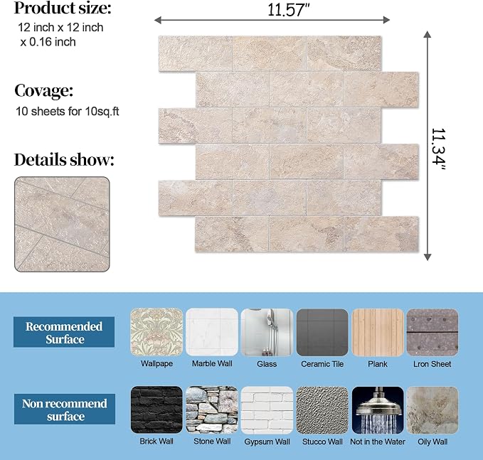 2026 New Upgrade Peel and Stick Backsplash Tile, Peel and Stick 11.34" X 11.57" Wall Tile for Kitchen, Bathroom, Fireplace, Laundry (Beige Stone Rocks, 20 Packs)