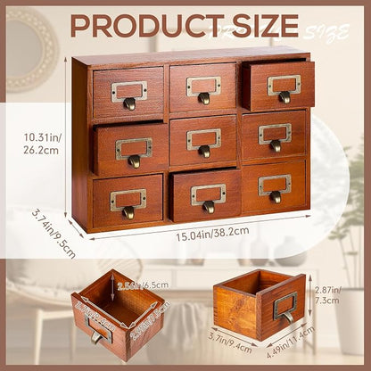 Qinyoung 9 Drawers Apothecary Cabinet Library Card Catalog Cabinet Tabletop Vintage Apothecary Chests Cabinets Rustic Herb Storage Box with Drawers Wooden Desk Drawer Organizer Medicine Furniture