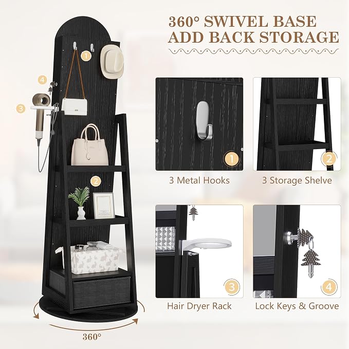 LVSOMT 64" H Arched LED Mirror Jewelry Cabinet Standing, Black | 360° Swivel Full-Length Mirror with Storage, Lockable Jewelry Organizer with Inner Makeup Shelf, Gift for Women