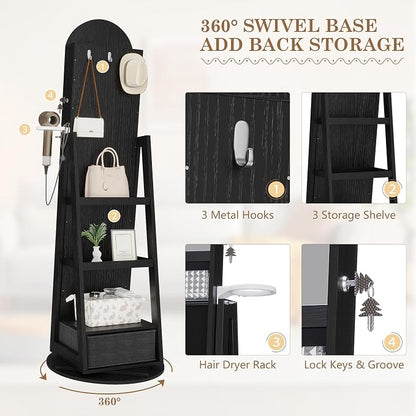 LVSOMT 64" H Arched LED Mirror Jewelry Cabinet Standing, Black | 360° Swivel Full-Length Mirror with Storage, Lockable Jewelry Organizer with Inner Makeup Shelf, Gift for Women