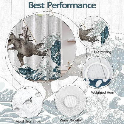 Fungarth Funny Cat Shower Curtain Dinosaur Ocean Sea Wave Shower Curtains for Bathroom Cool Waterproof Fabric Rustic Wooden Farmhouse Bath Curtain Decor with Hooks (Gray1, 72” x 78”)