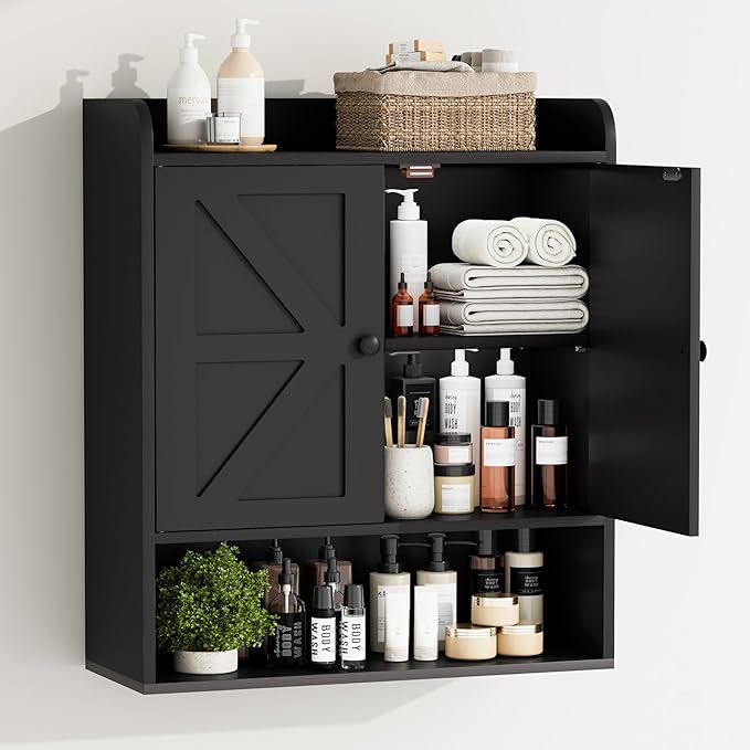 EasyCom 22" W x 26" H Bathroom Wall Cabinet, Farmhouse Medicine Cabinet with Adjustable Shelves and Double Barn Doors, Over The Toilet Storage Cabinet for Bathroom, Kitchen, Living Room, Black
